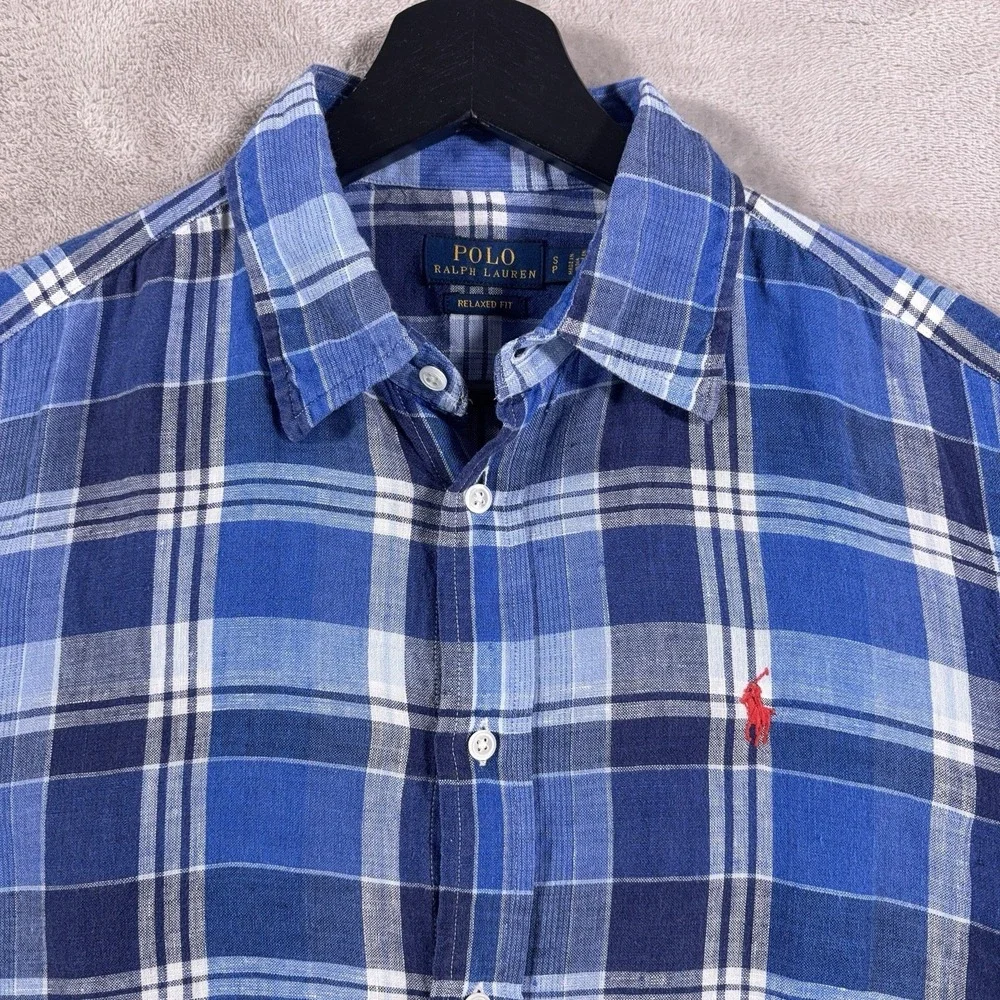 Polo Ralph Lauren Linen Button Down Shirt Mens Small Blue Plaid Long Sleeve